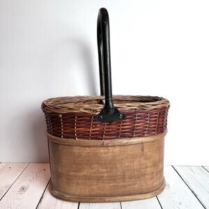 Vintage Wood & Wicker Basket with Metal Handle Oval Divided Bottle Mid Century
